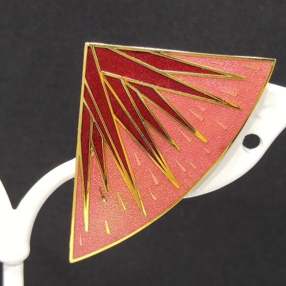 Vintage Isle of Skye Red Rose Fan Clip Earrings, Gold Plated Enamel - Picture 3 of 10